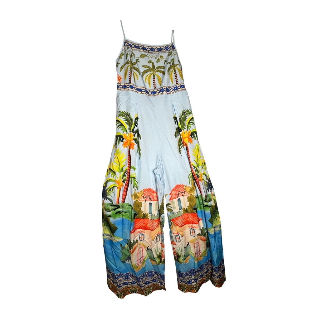 Tropical Palm Tree Villa Print Wide Leg Jumpsuit Blue Large Summer Boho - Picture 4 of 8